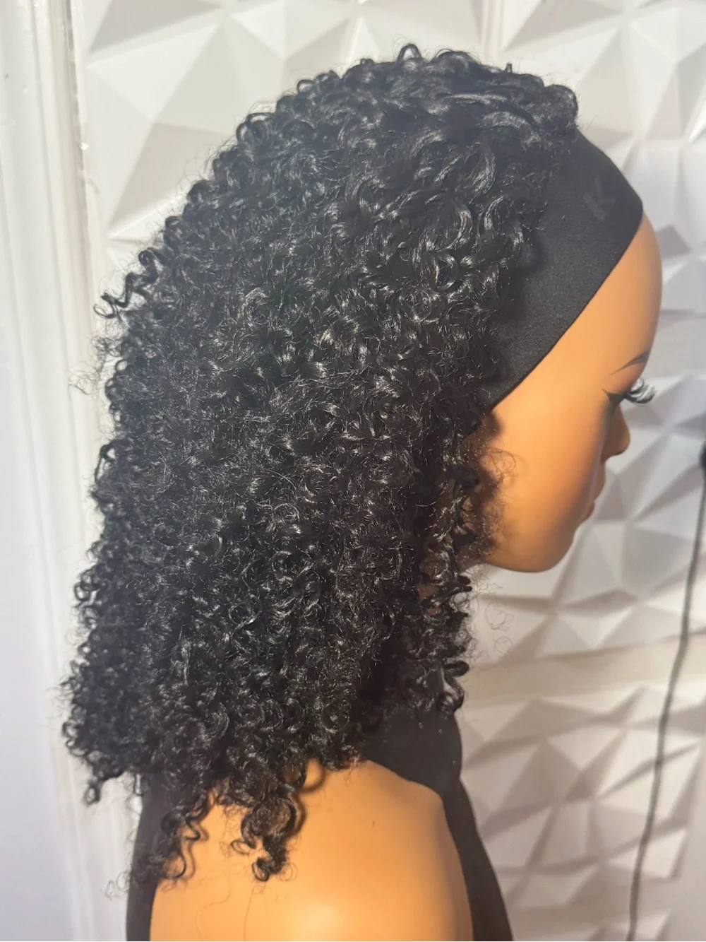 Black Curly Headband Wig Synthetic Blend Glueless Everyday Wear 12 Inch